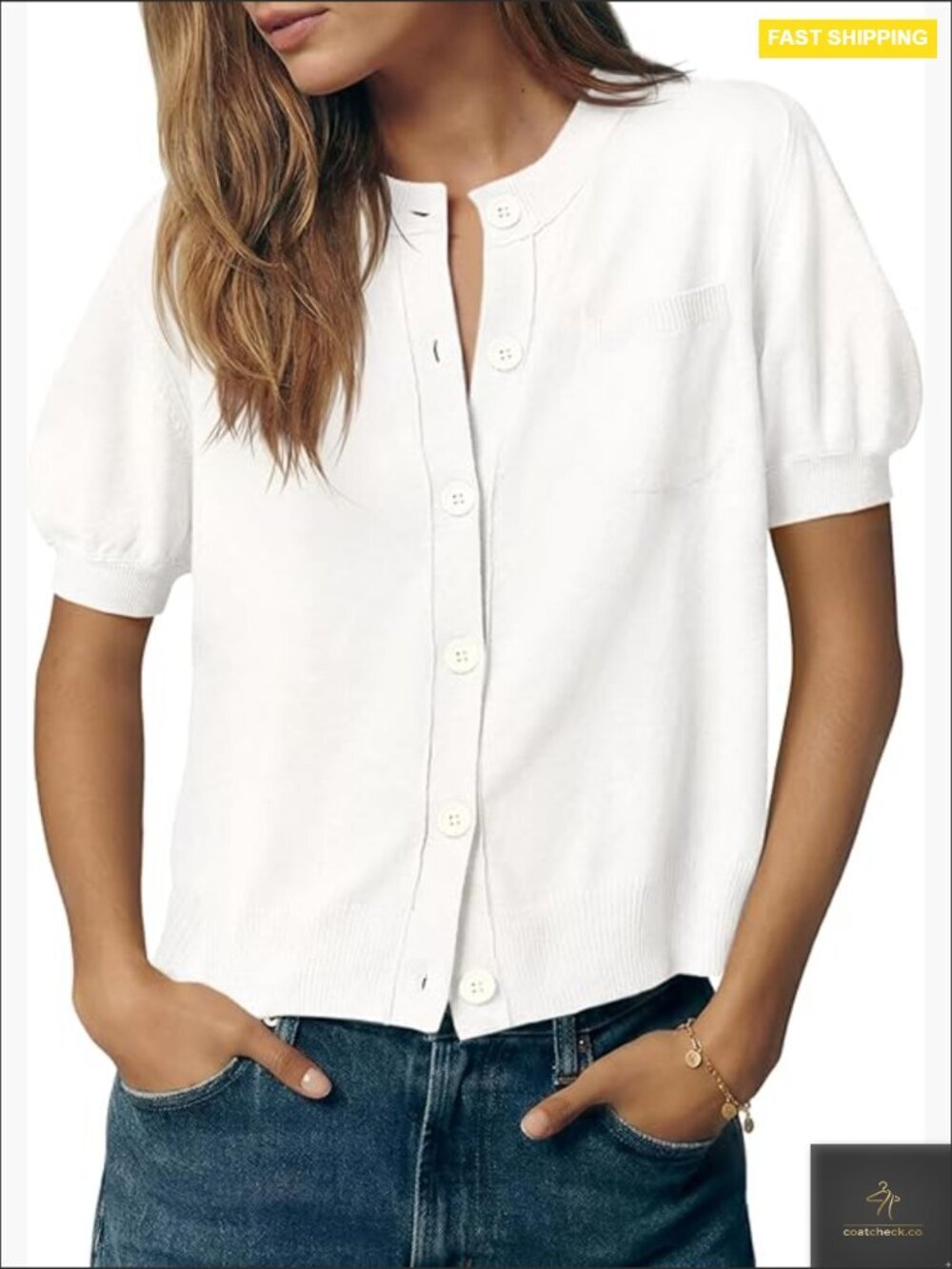 Puff Short Sleeve Cardigan Crew Neck Button Down Lightweight Summer Knit Tops